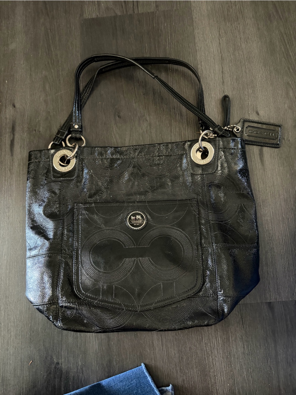 Coach Black Signature Leather Messenger Bag with Silver-Tone Hardware